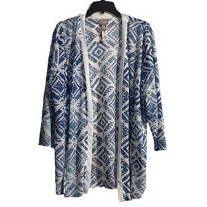 Chico's Blue and White Geometric Nautical Open Front Boho Cardigan Sweater
